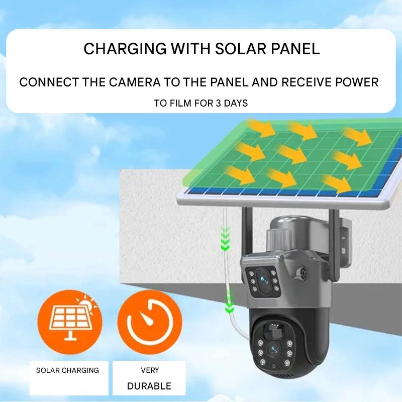 Emi and June | Kabellose 4K Überwachungskamera mit Solarpanel & App – DualGuard Sicherheitskamera für Zuhause & Garten